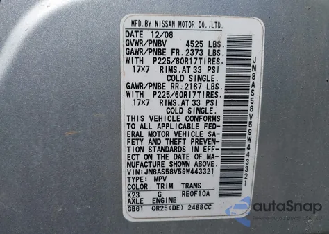 2009 Nissan Rogue Sl из США, поврежденный, VIN JN8AS58V59W443321
